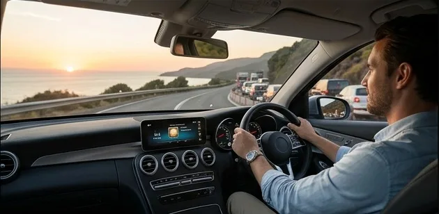 A driver at ease on a coastal road at sunset, the stereo glowing on the dashboard.